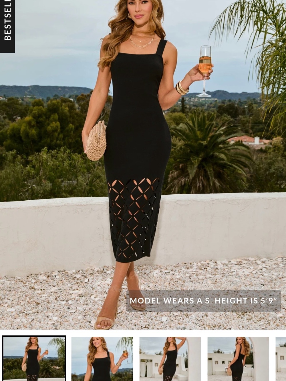 Vici Black Strappy Midi Dress with Lattice Cutout Hem